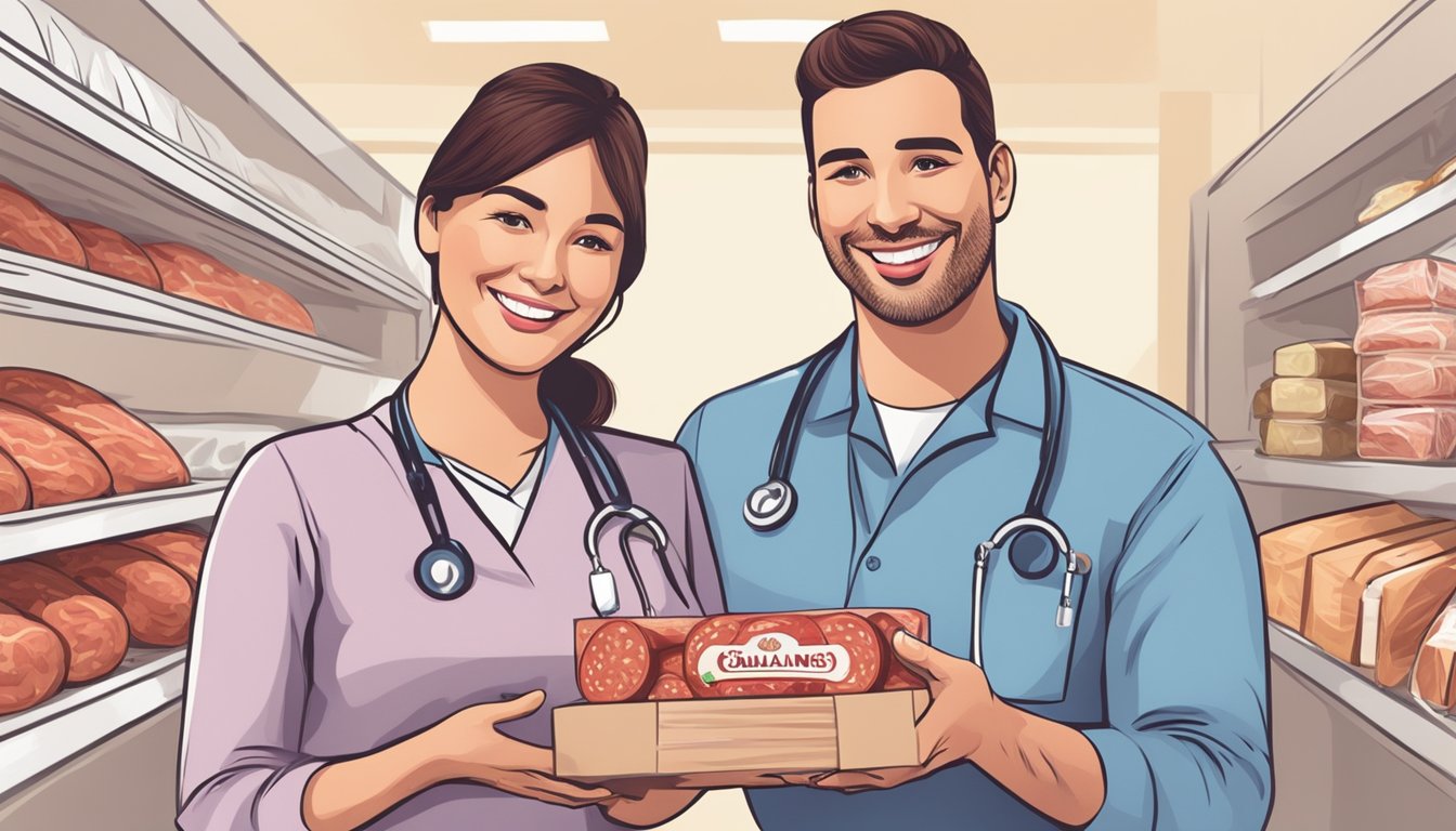 A smiling pregnant woman receiving a thumbs-up from a healthcare provider while holding a package of salami