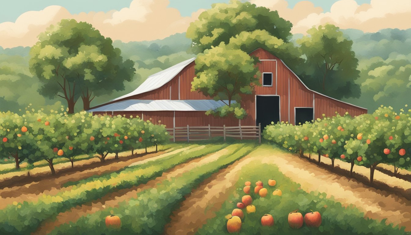 A picturesque orchard with rows of apple trees, each bearing unique and vibrant fruits. A rustic barn with a sign reading "11 Best Cideries Across Texas" stands in the distance