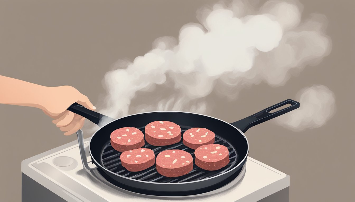 A person cooking salami on a hot skillet, ensuring it is fully cooked and safe to consume, with steam rising from the sizzling meat