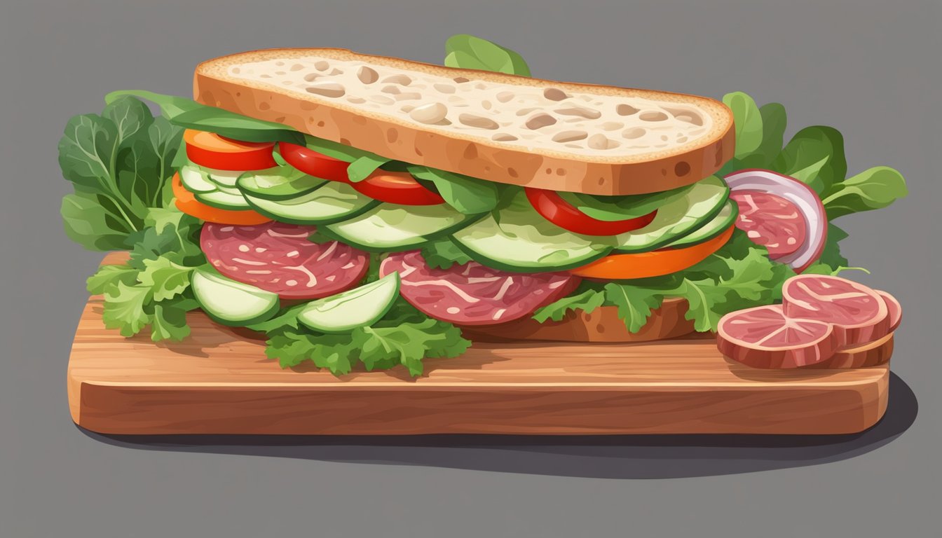 A colorful sandwich and salad spread with slices of salami, fresh vegetables, and leafy greens on a wooden cutting board