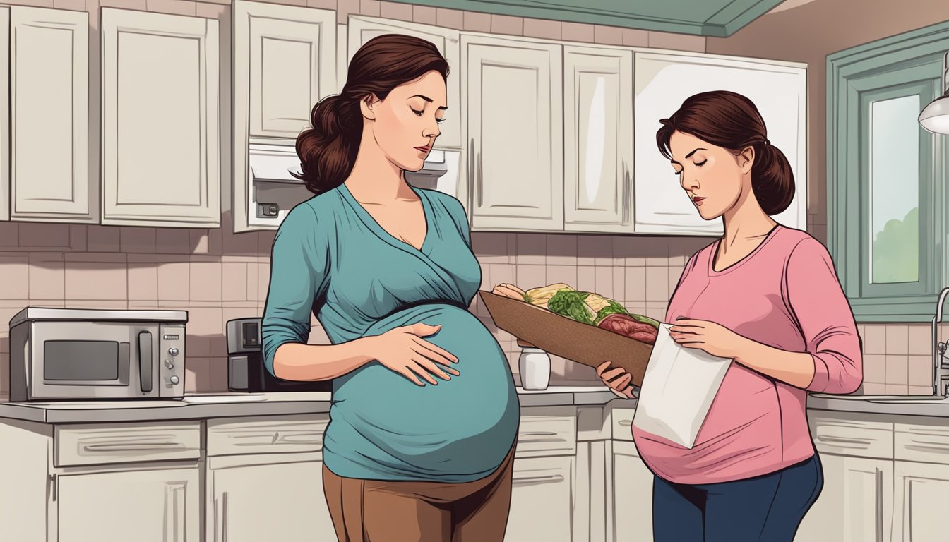 A pregnant woman standing in a kitchen, looking at a package of salami with a concerned expression