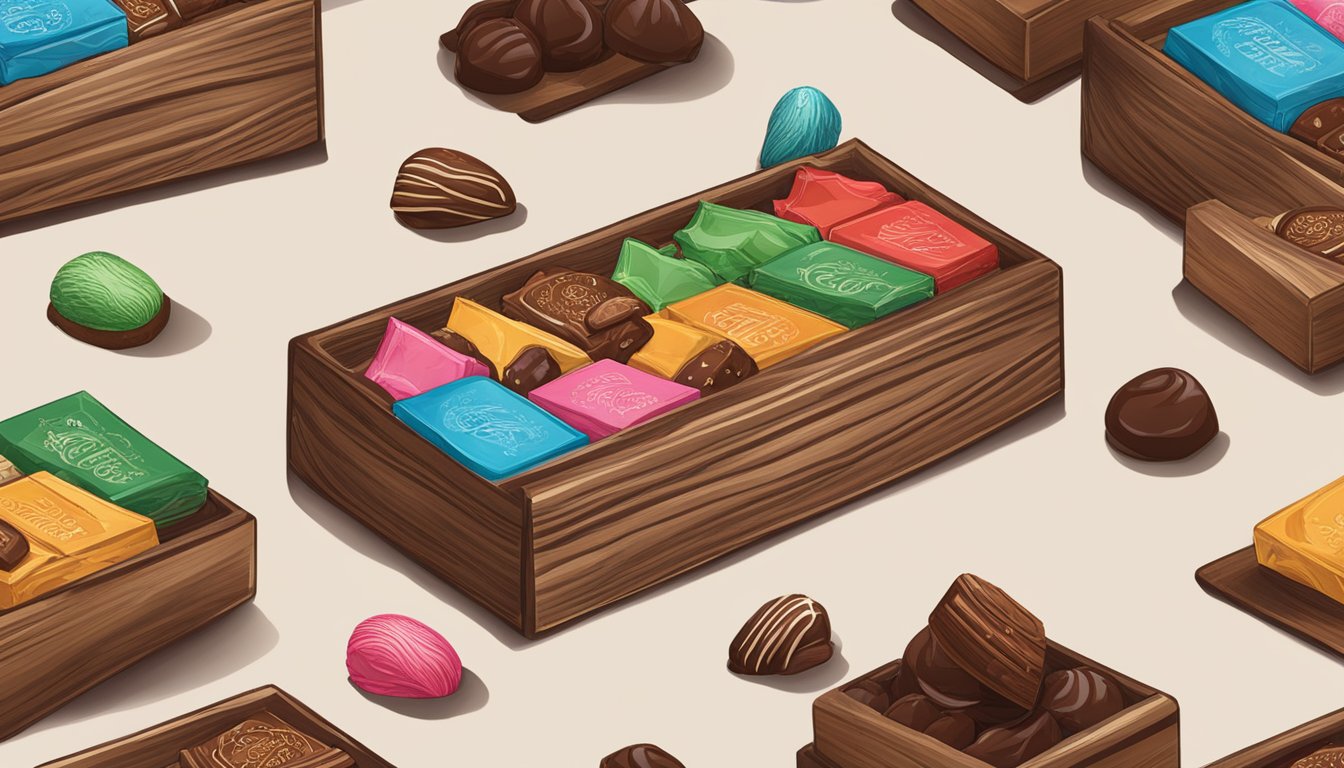 A rustic wooden table adorned with a variety of rich, handcrafted chocolates in vibrant Texas-themed packaging