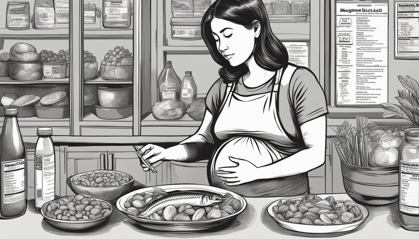 A pregnant woman sitting at a table, surrounded by various foods and a nutrition label for king mackerel. She is examining the label with a concerned expression