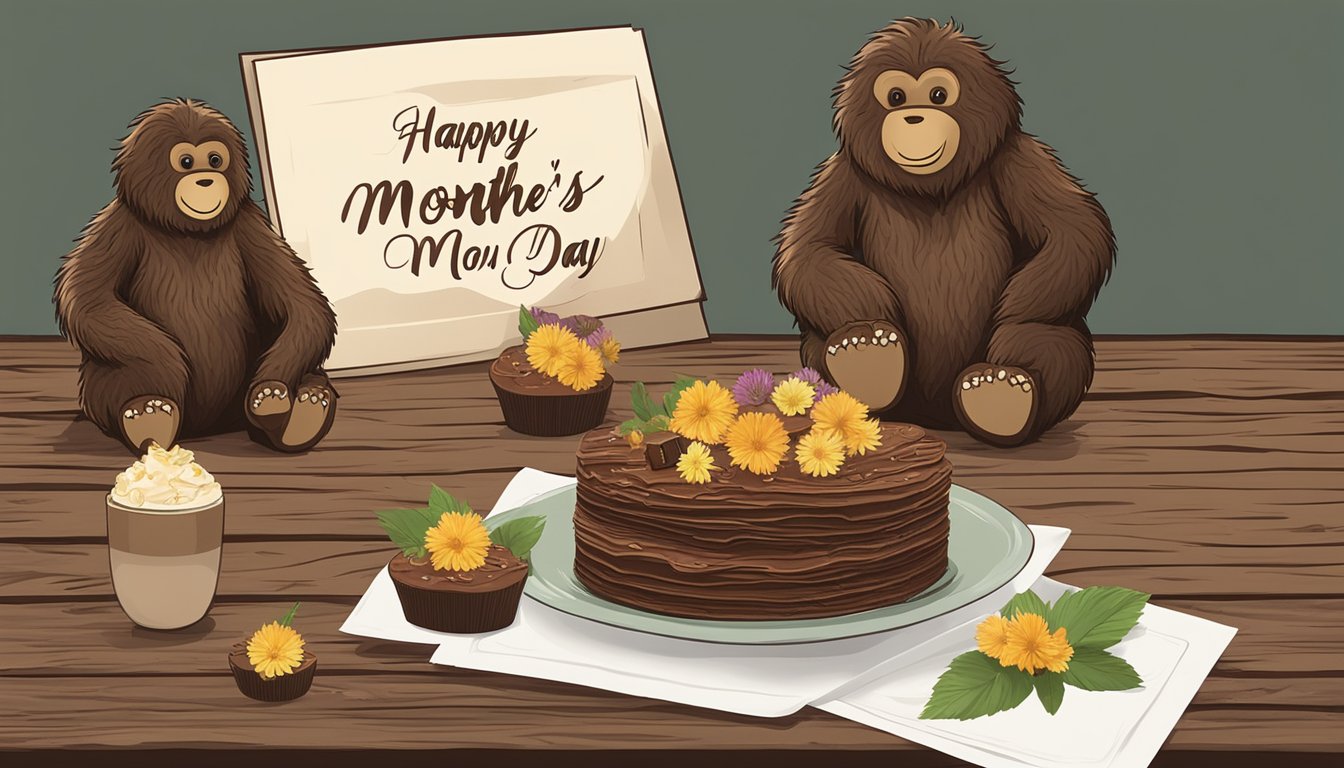 A rustic wooden table adorned with a selection of Tejas Chocolate Sasquatch Bark and a "Happy Mother's Day" card