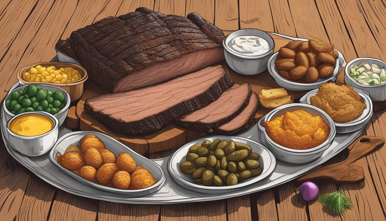 A platter of smoked brisket, alongside other traditional Texas Easter foods, displayed on a rustic wooden table