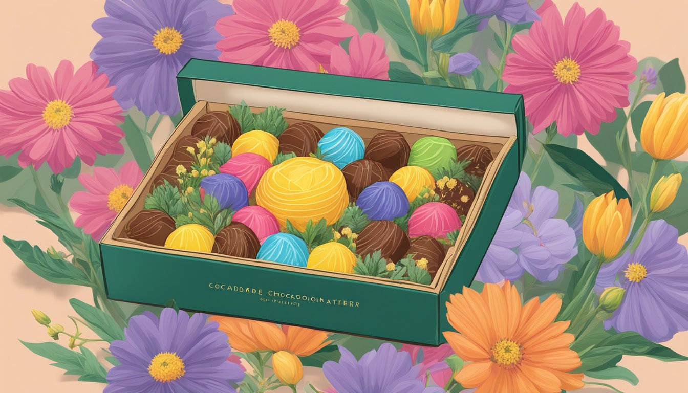 A beautifully wrapped box of CocoAndre Chocolatier Bonbons sits on a table, surrounded by vibrant Texas wildflowers