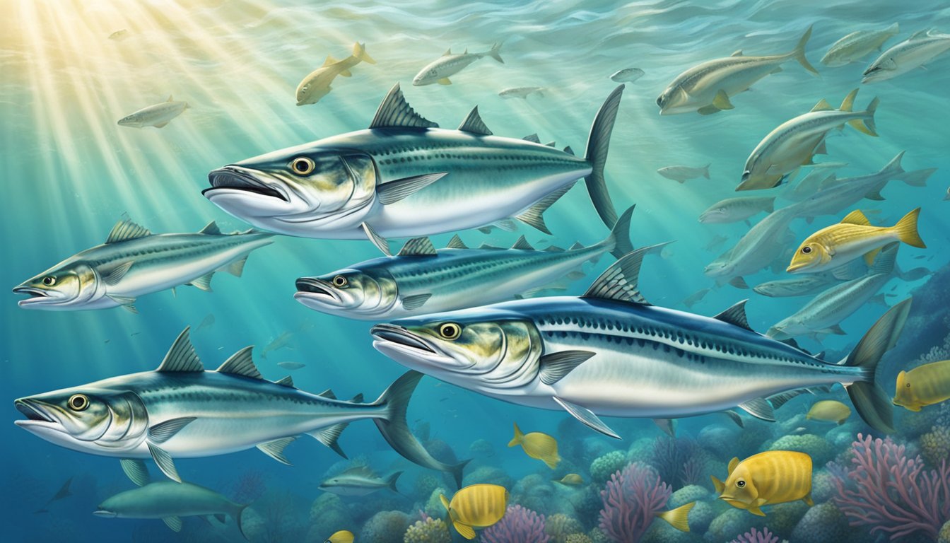 A serene ocean scene with a school of king mackerel swimming gracefully in the crystal clear water, surrounded by other marine life