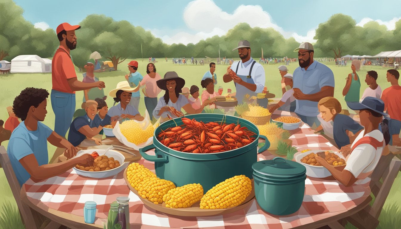 A large pot of boiling crawfish surrounded by corn, potatoes, and sausage, with people gathered around a picnic table enjoying the Texas food tradition for Easter