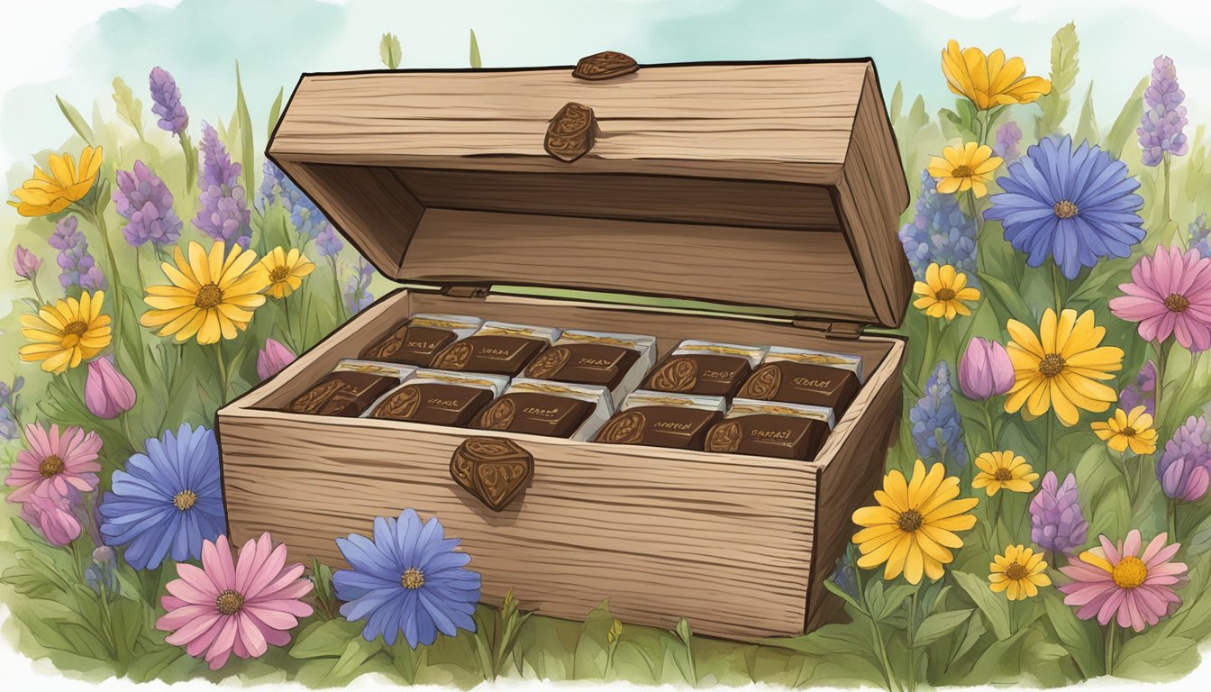 A rustic wooden box filled with SRSLY Chocolate Bourbon Bars, surrounded by Texas wildflowers and a "Happy Mother's Day" card