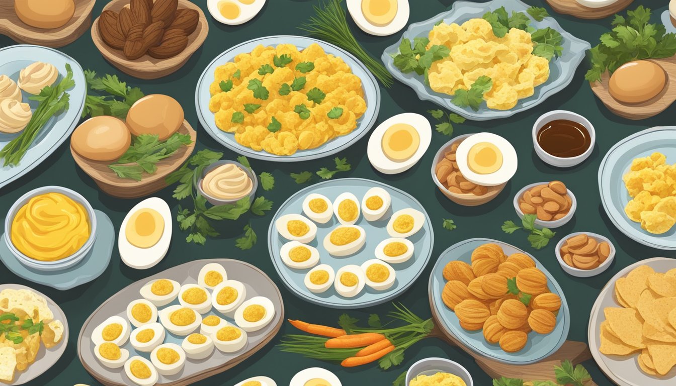 A table set with a platter of deviled eggs surrounded by other traditional Texas Easter foods