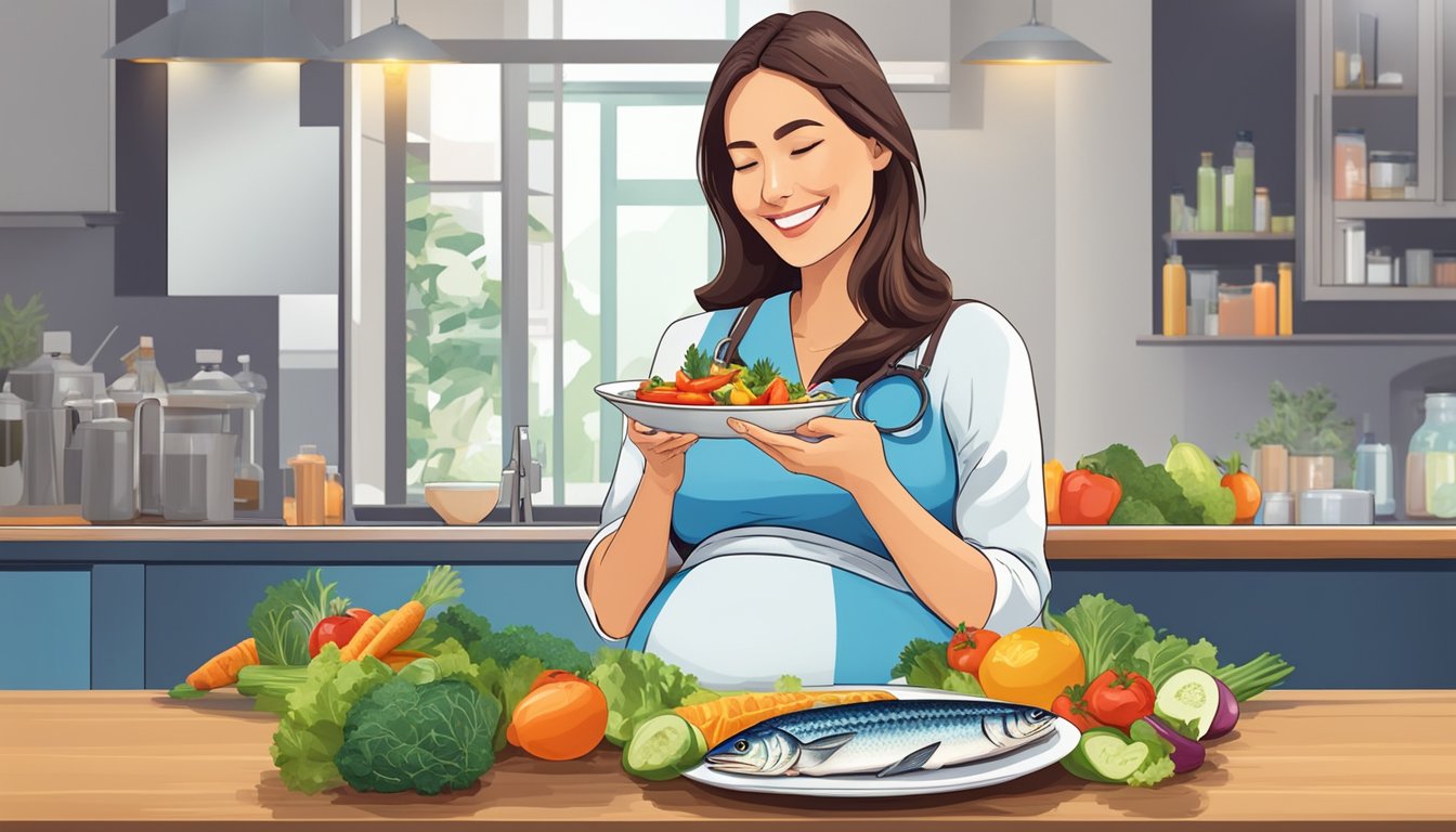 A pregnant woman enjoying a plate of grilled king mackerel, surrounded by colorful vegetables and fruits, with a doctor's approval in the background