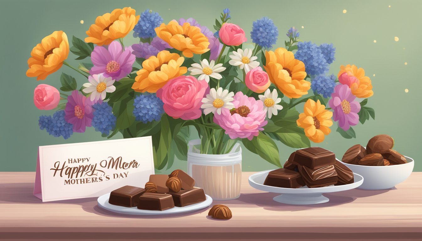 A festive table set with a box of Chocolatze Texas Pralines, surrounded by colorful flowers and a "Happy Mother's Day" card