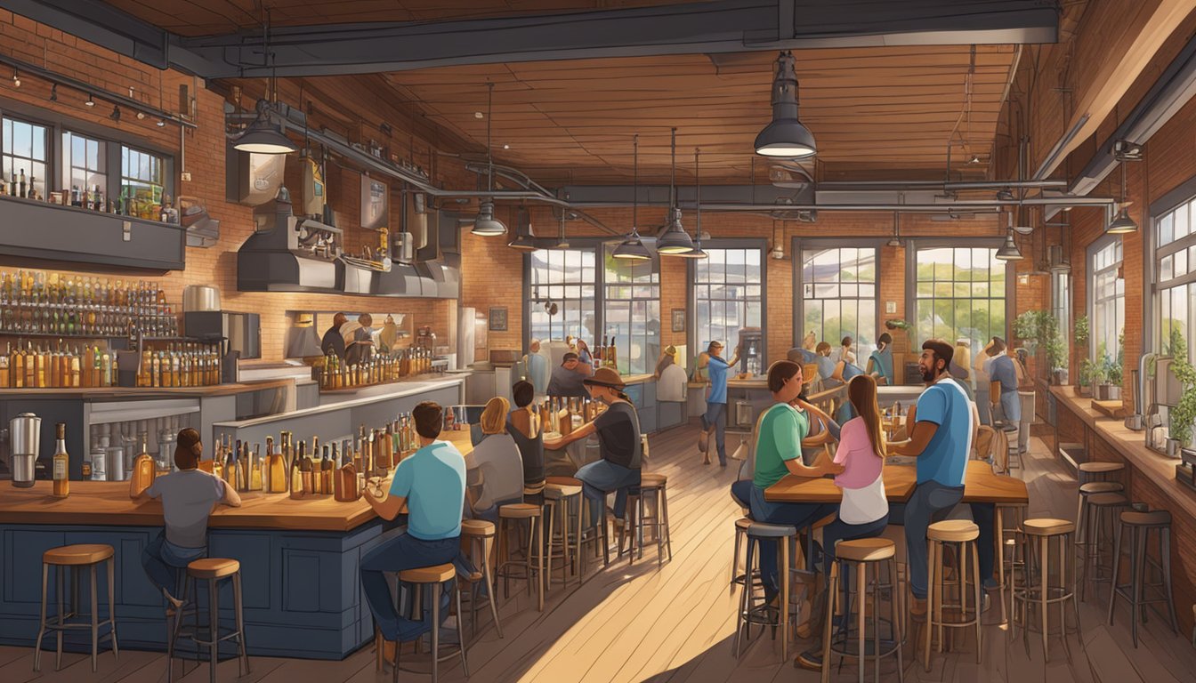 A bustling brewery with outdoor seating, beer taps, and a lively atmosphere