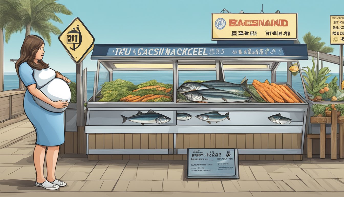 A pregnant woman standing in front of a warning sign next to a fish market display of king mackerel