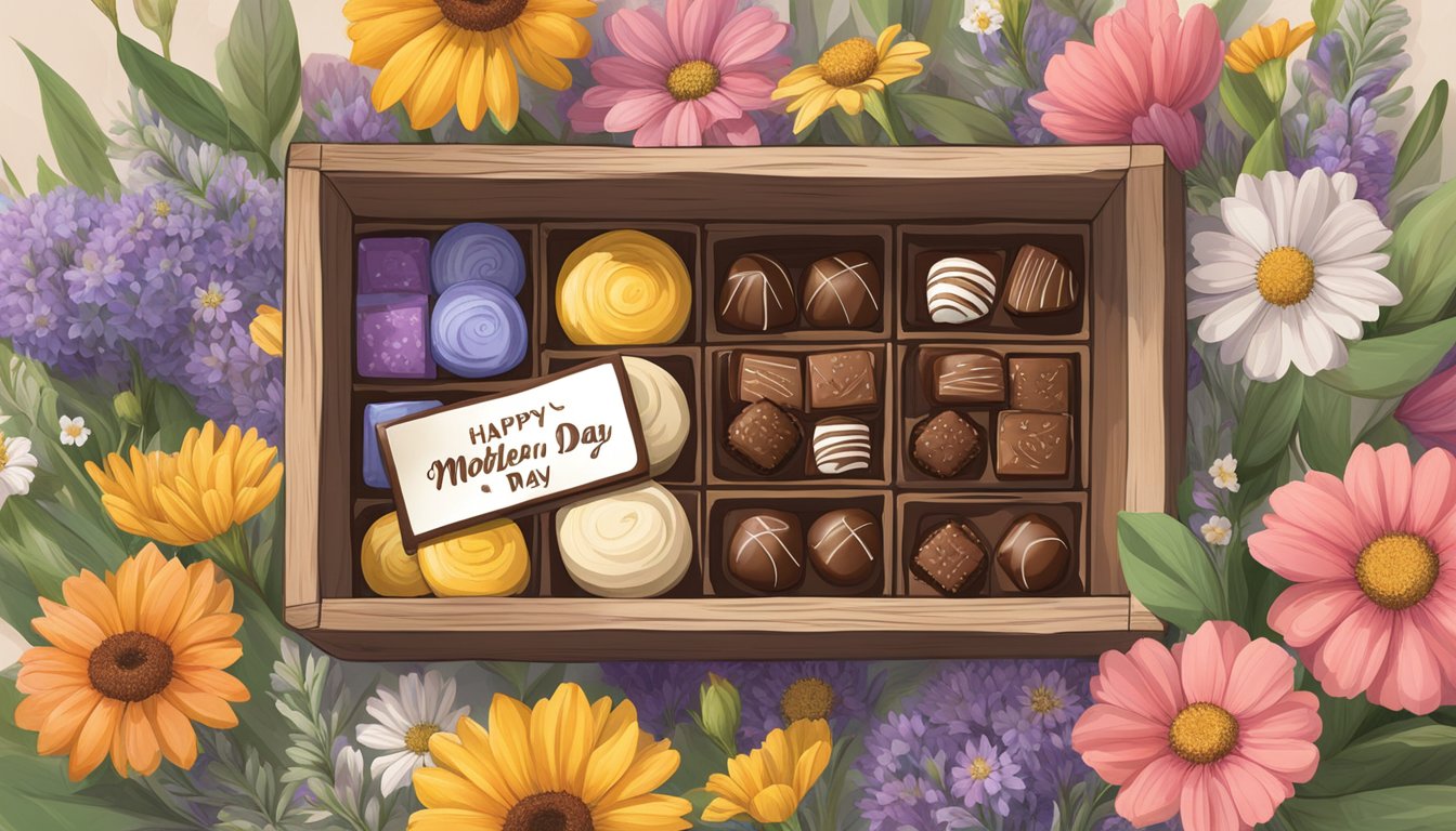 A rustic wooden box filled with assorted Yelibelly chocolates, surrounded by wildflowers and a "Happy Mother's Day" card