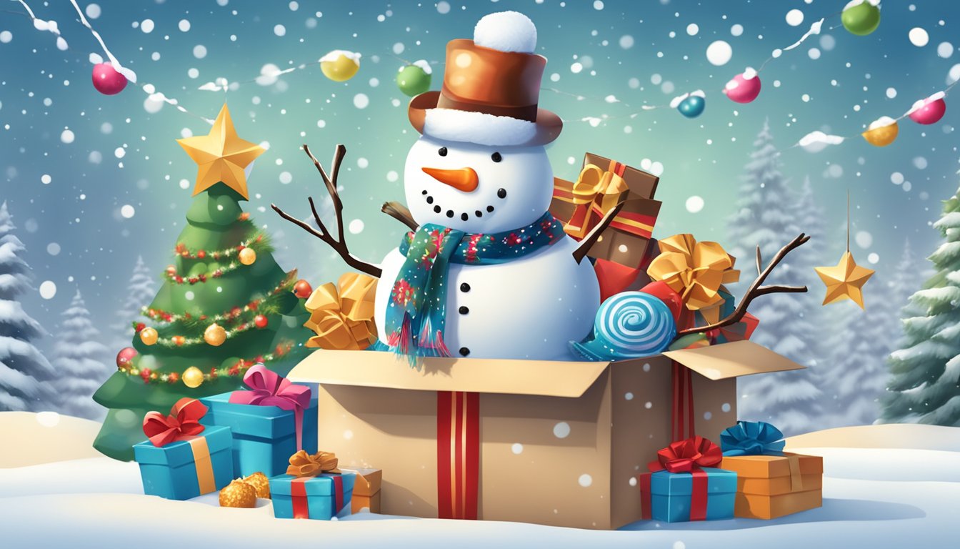 A cheerful snowman holds a box of Texas chocolates, surrounded by festive decorations