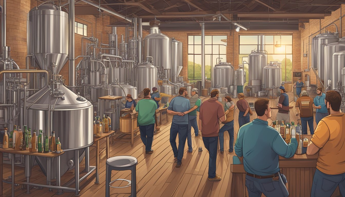 A bustling craft brewery scene in Texas, with various beer-making techniques on display and ten prominent breweries highlighted