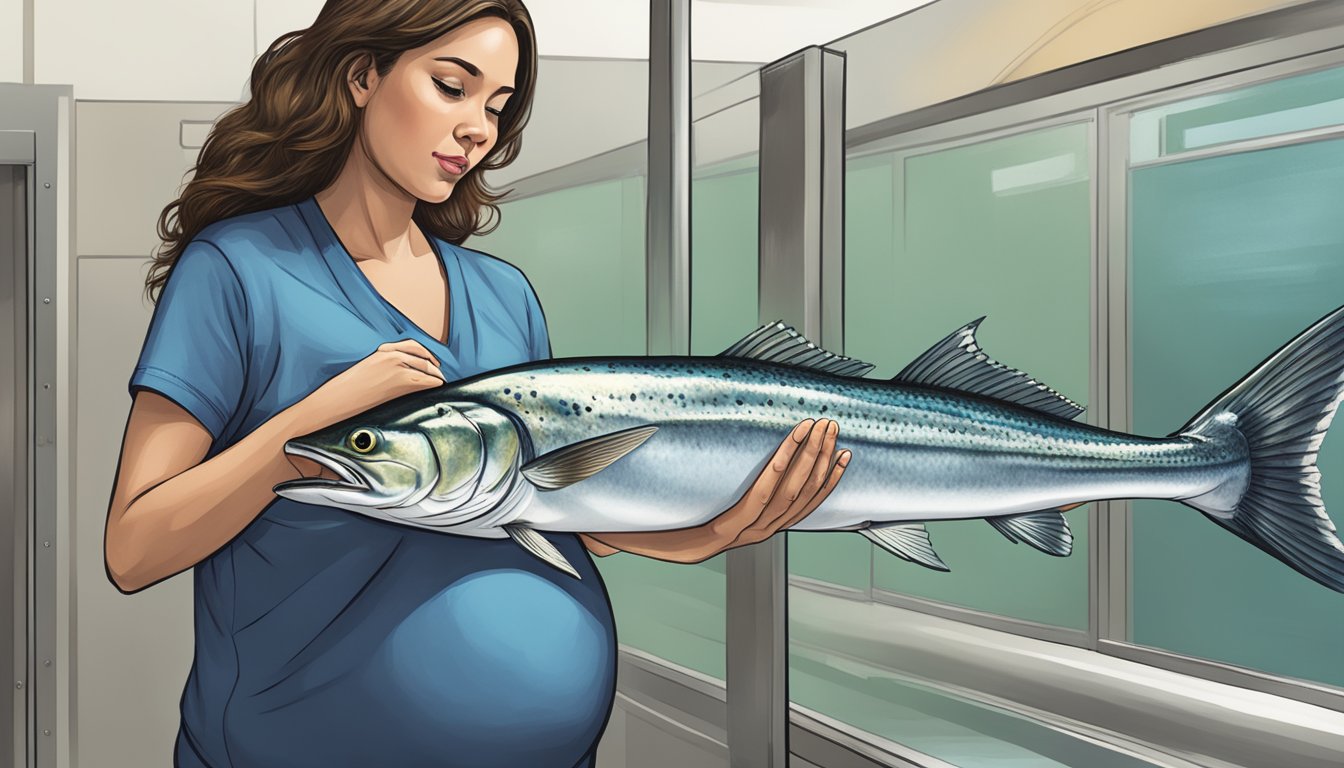 A pregnant woman holding a piece of king mackerel while looking at a public health advisory poster