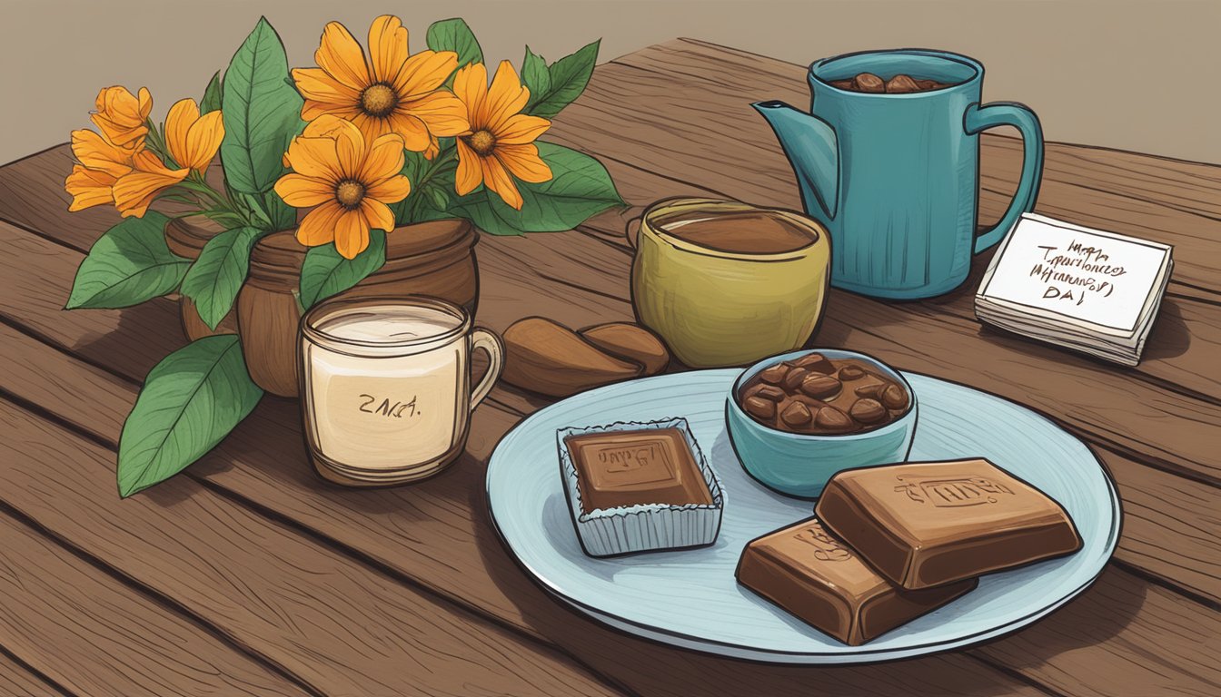 A rustic wooden table set with a selection of Crave Artisan Chocolate Habanero Bars, surrounded by Texas wildflowers and a handwritten note for Mother's Day