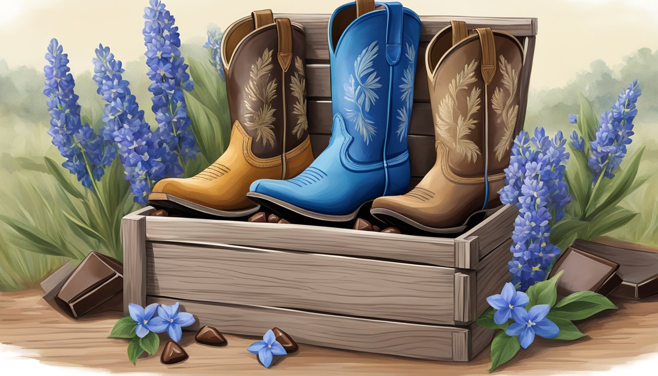 A rustic wooden crate filled with assorted Texas chocolates, surrounded by bluebonnets and cowboy boots