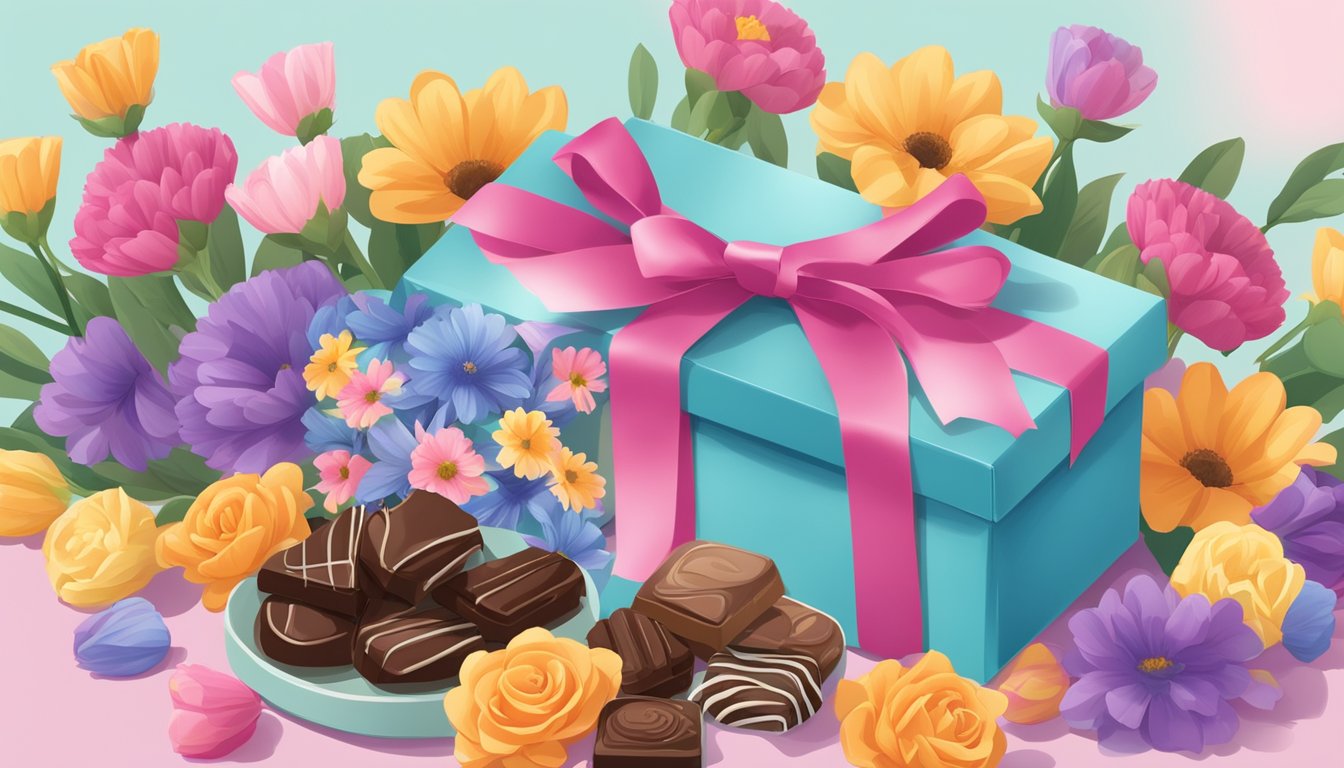 A display of assorted Texas chocolates arranged in a gift box with a ribbon, surrounded by colorful flowers and a "Happy Mother's Day" card