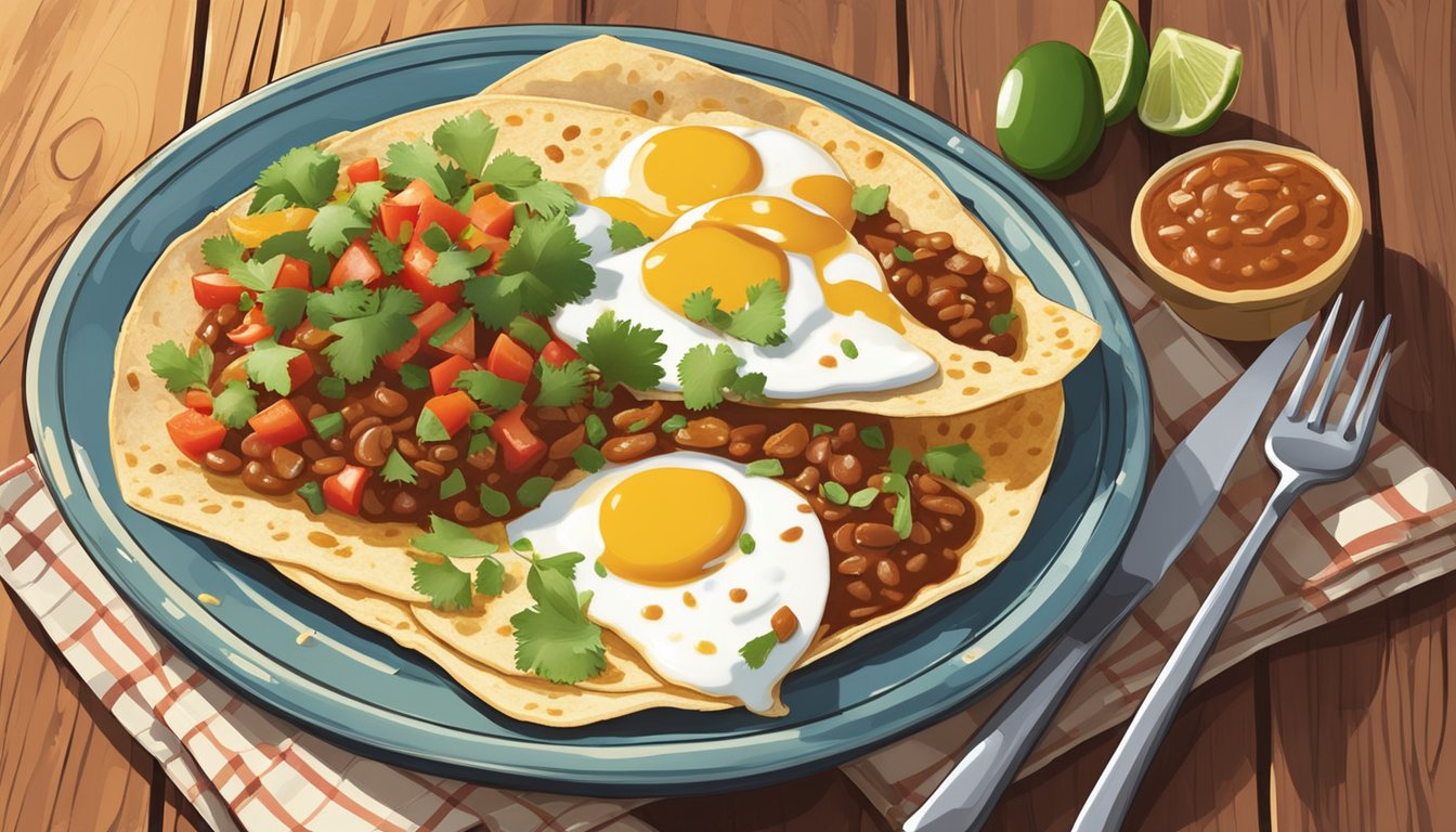 A colorful plate of huevos rancheros, surrounded by tortillas, refried beans, and salsa, sits on a rustic wooden table in the warm morning sunlight