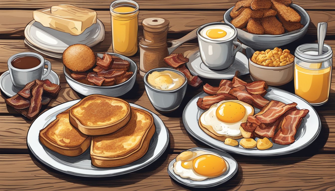 A plate of Texas-style French toast surrounded by traditional Texan breakfast foods like bacon, eggs, and biscuits on a rustic wooden table