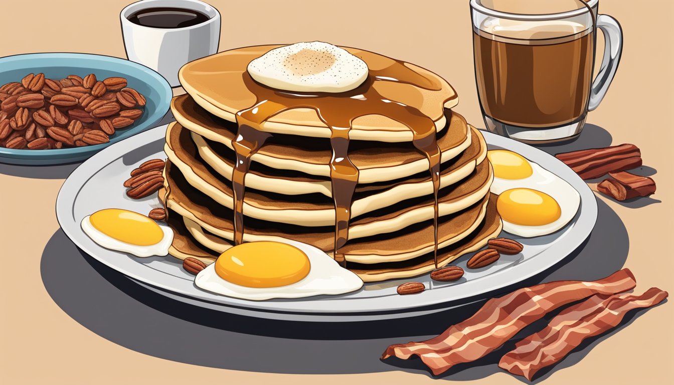 A plate of pecan pancakes topped with syrup, surrounded by bacon, eggs, and other traditional Texas breakfast foods