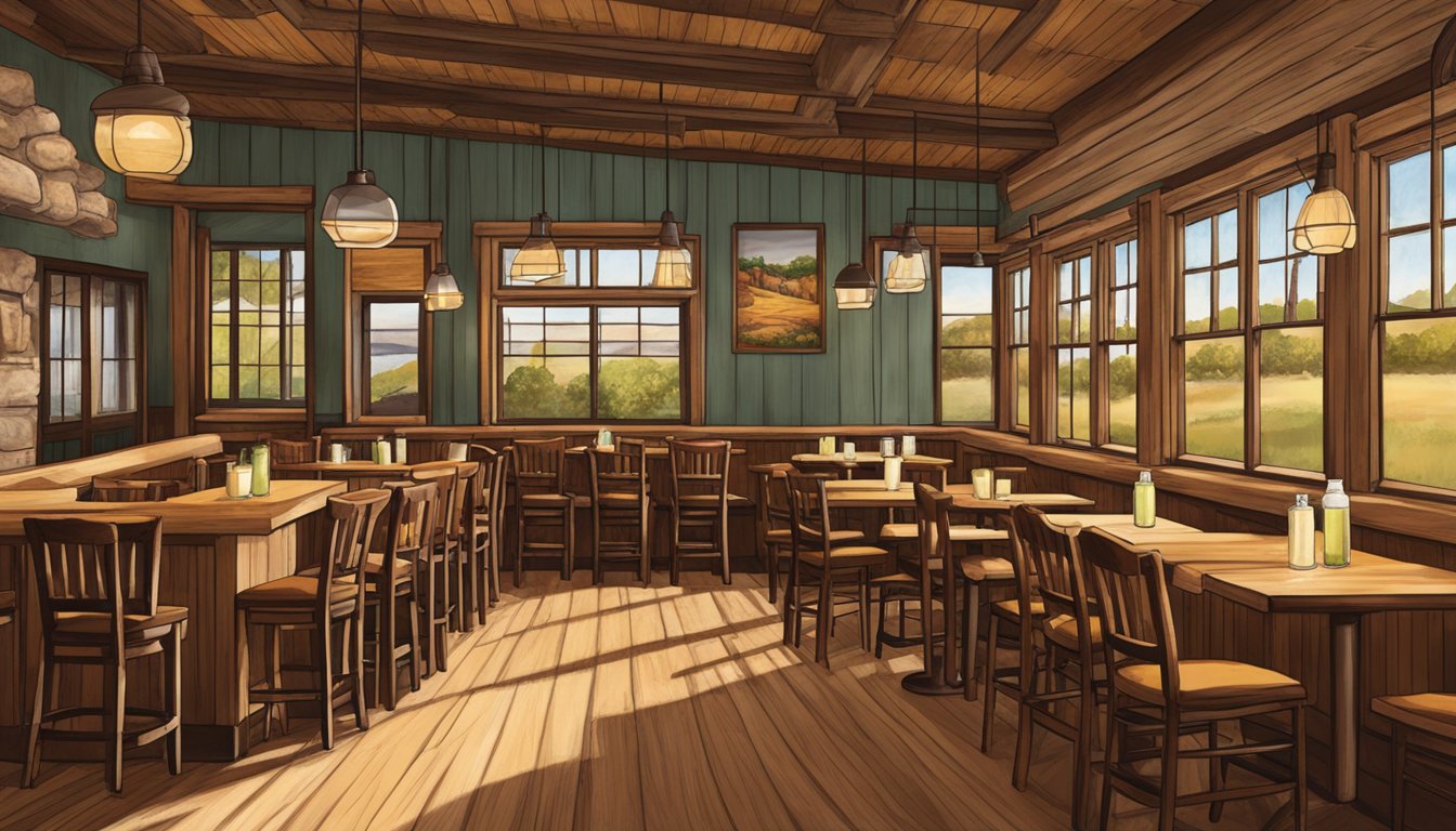 The rustic interior of Reata Restaurant in Fort Worth, Texas, features a cozy atmosphere with wooden tables and chairs, dim lighting, and a warm color palette, creating the perfect setting for enjoying their renowned chicken fried steak