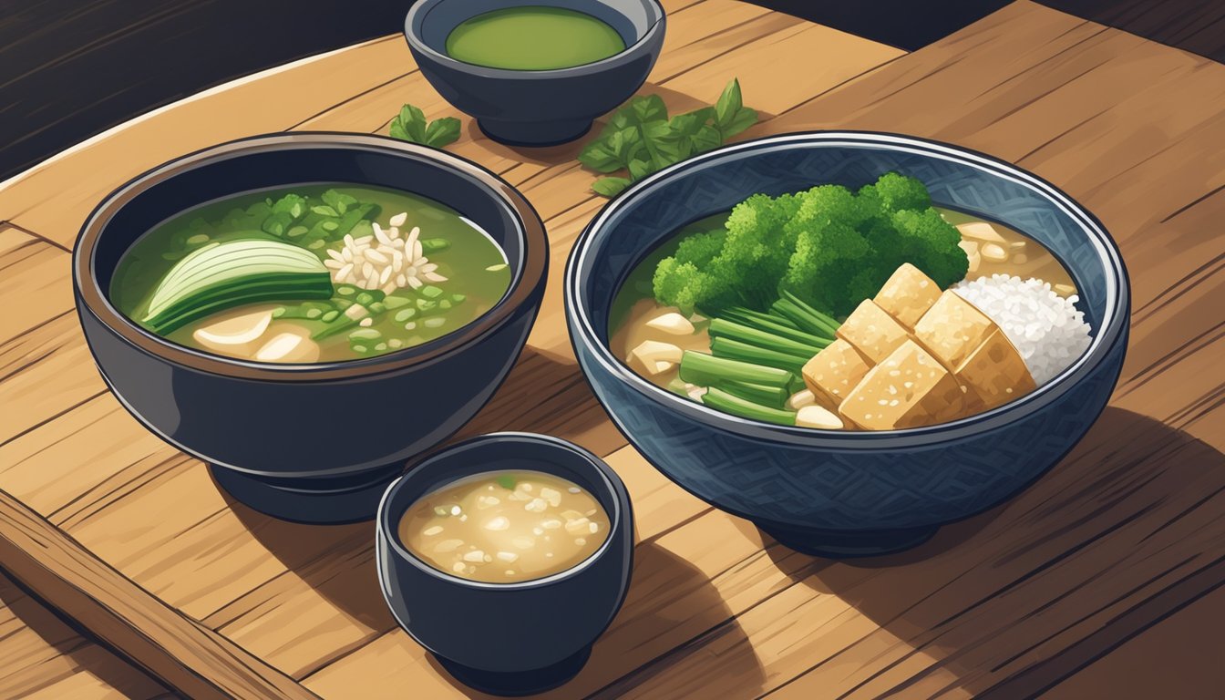 A vibrant bowl of miso soup with an array of green vegetables, tofu, and rice, served in a cozy cafe setting with a rustic wooden table and warm lighting