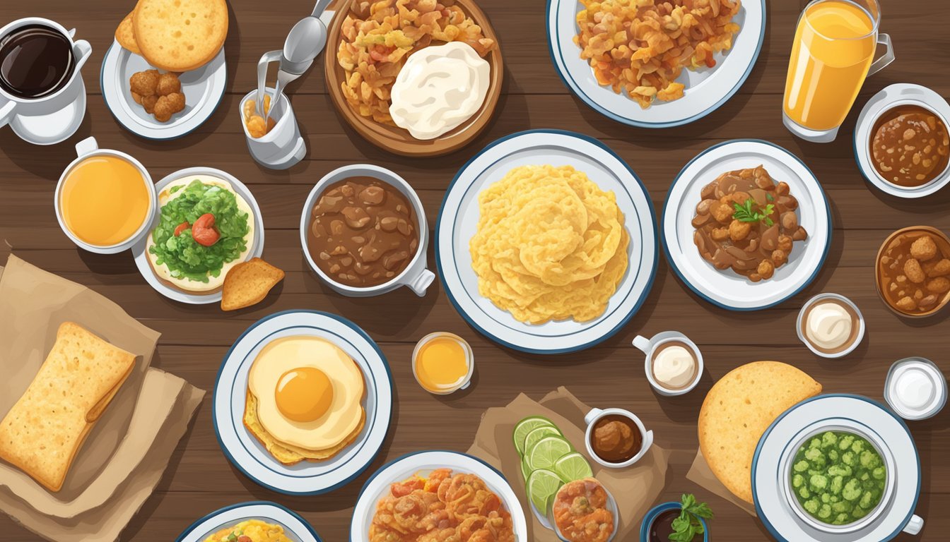 A table set with a spread of traditional Texas breakfast foods, including biscuits and gravy, migas, breakfast tacos, and kolaches