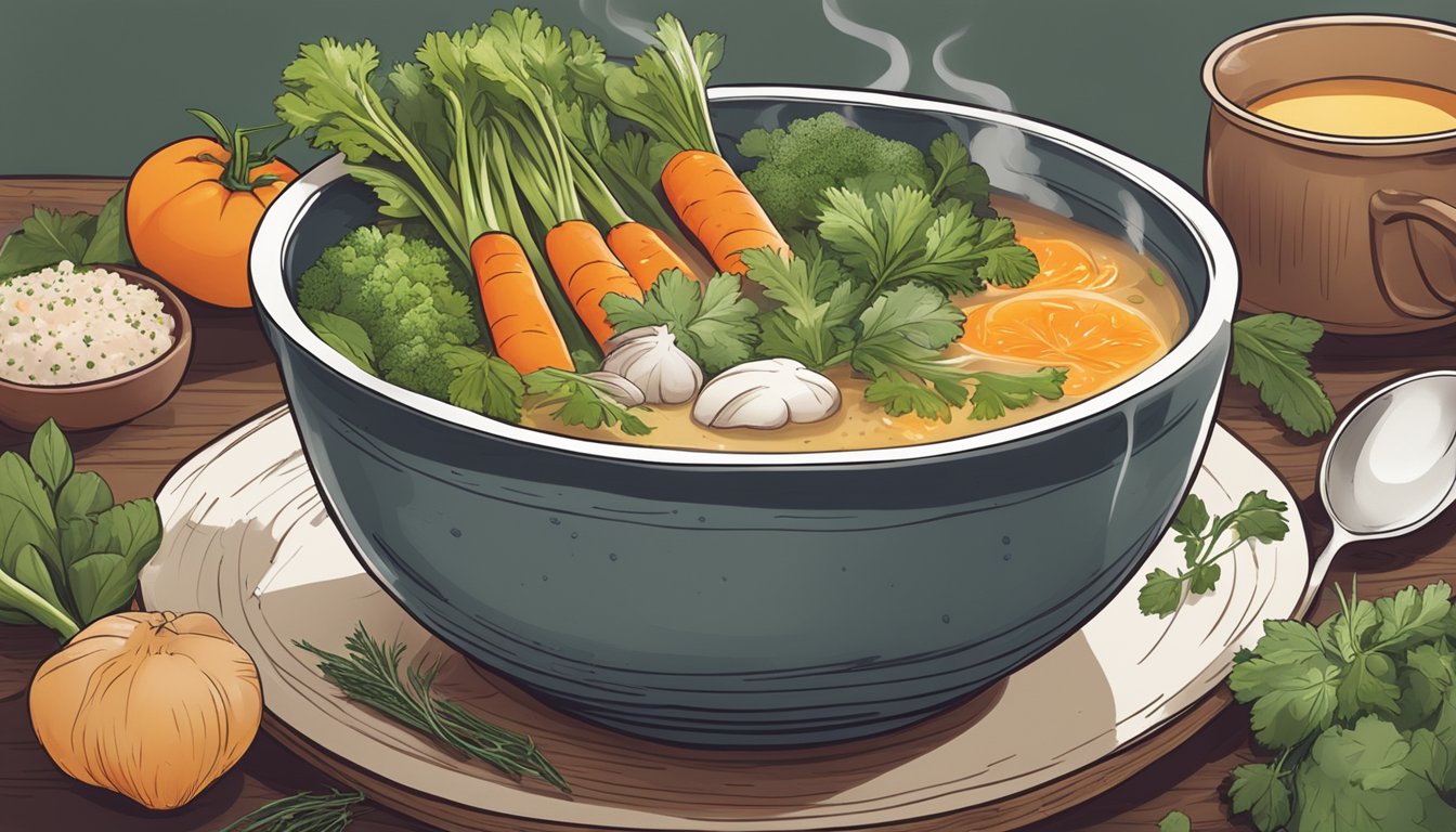 A steaming Bone Broth Bowl surrounded by fresh vegetables and herbs at The Brothery, evoking warmth and nourishment