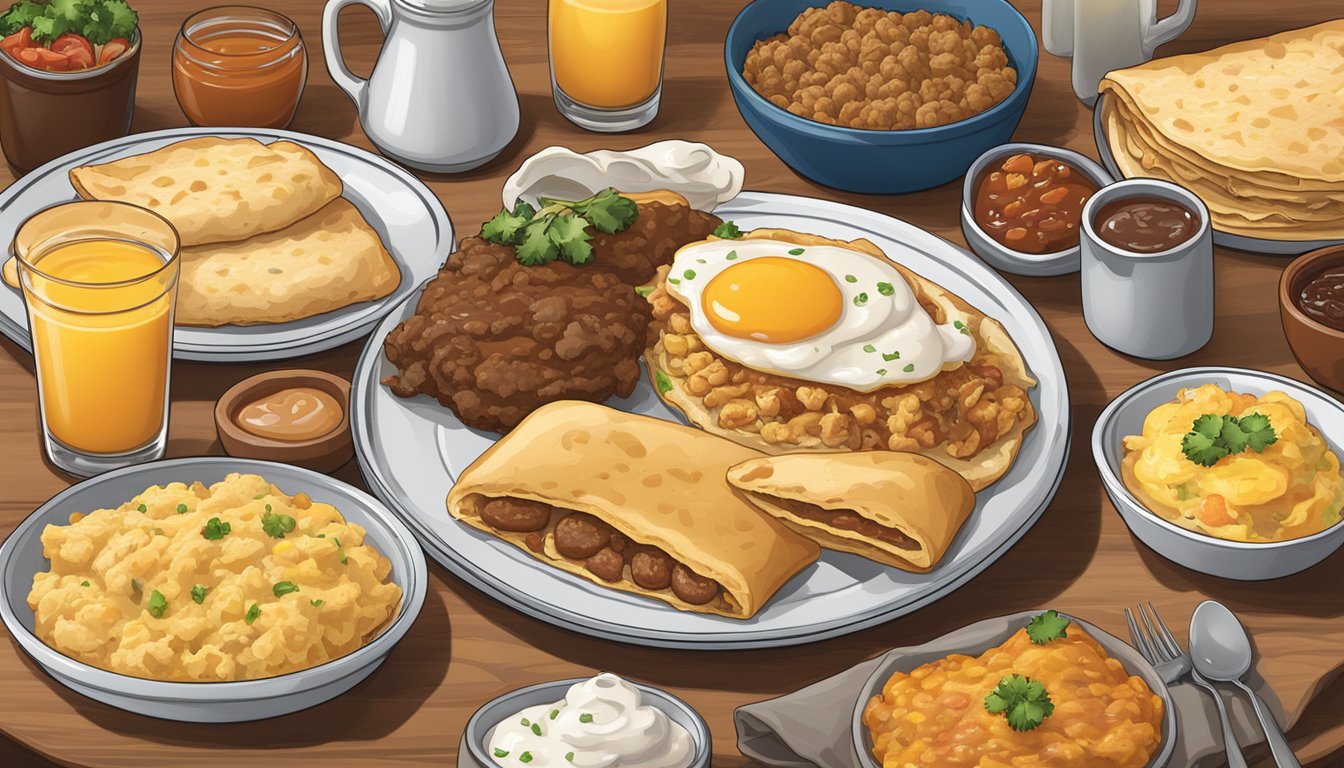 A table set with a spread of Texan breakfast foods: biscuits and gravy, migas, breakfast tacos, kolaches, chicken fried steak, grits, breakfast burritos, and breakfast enchiladas