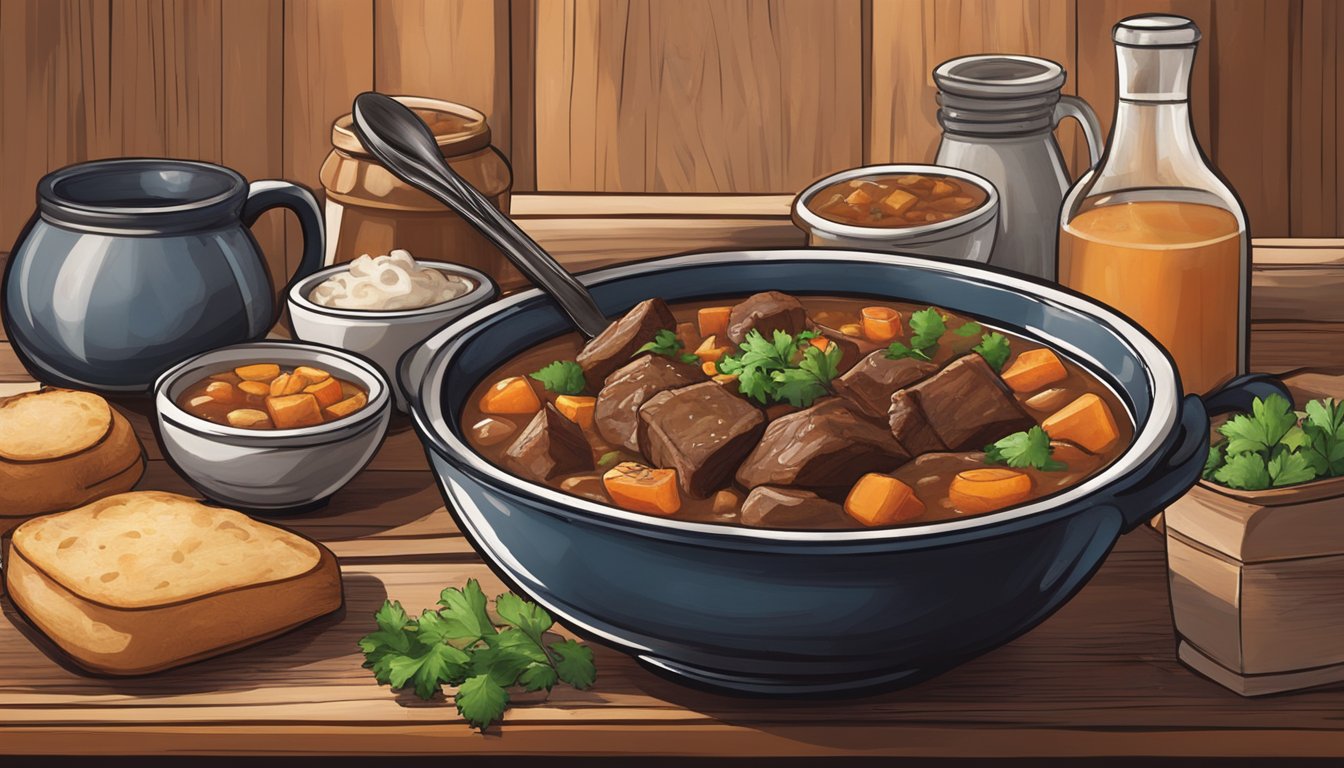 A steaming bowl of hearty beef stew surrounded by rustic decor in Cafe Java, evoking the essence of Texas cuisine