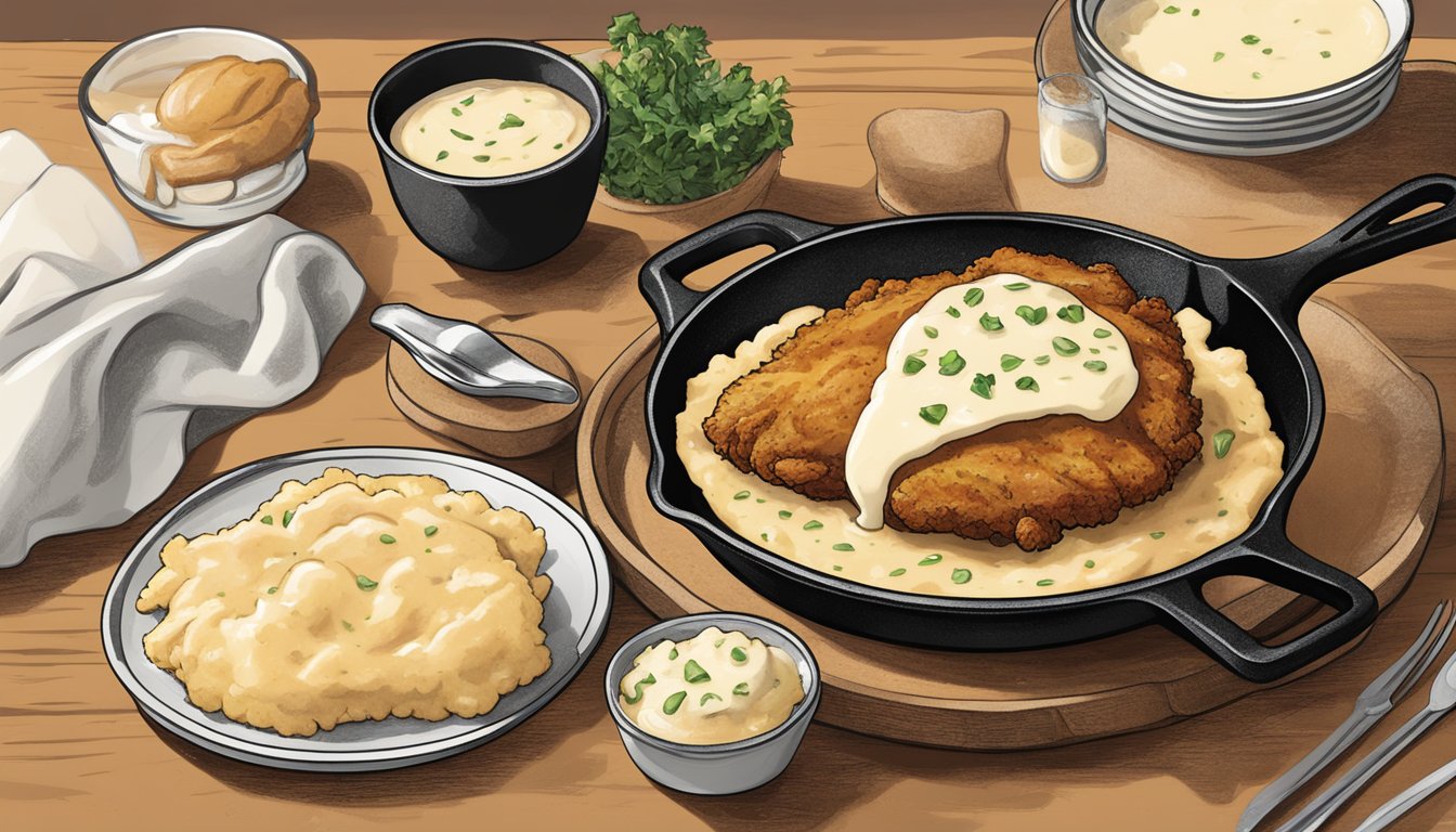 A sizzling cast iron skillet with a golden, crispy chicken fried steak, surrounded by a side of creamy mashed potatoes and a generous drizzle of rich, savory gravy