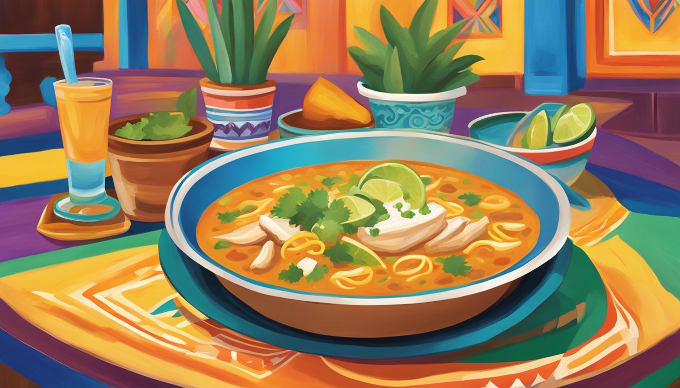 A steaming bowl of Chicken Tortilla Soup sits on a colorful table at Fonda San Miguel, surrounded by vibrant decor and the lively atmosphere of the Lone Star State