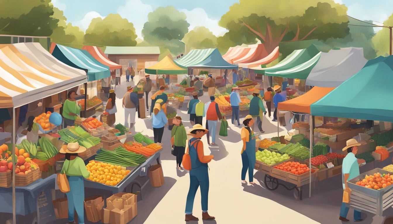 A bustling farmers market with colorful stalls and festive decorations, showcasing a variety of Texan goods and holiday gifts