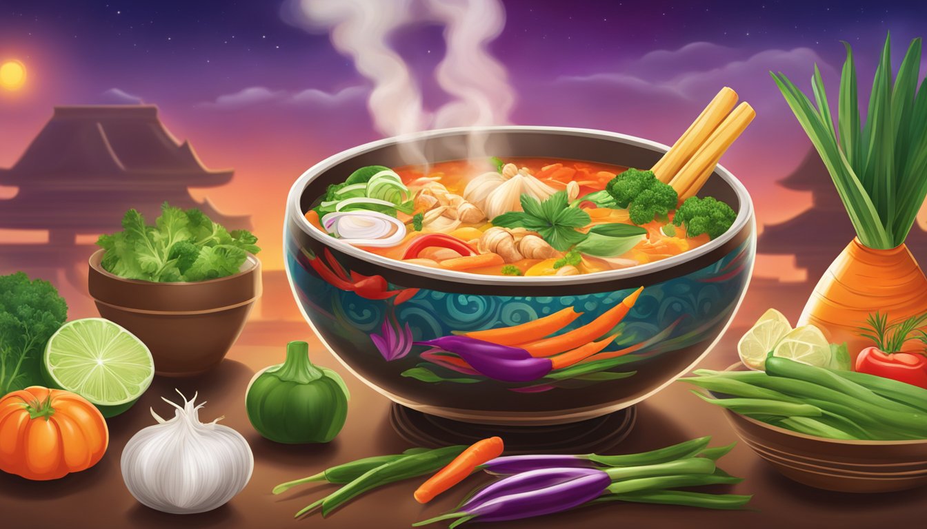 A steaming bowl of Vegan Tom Yum at Thai Fresh, filled with colorful vegetables and aromatic herbs, surrounded by the vibrant atmosphere of the Lone Star State