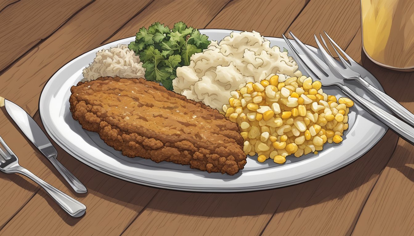 A sizzling chicken fried steak with creamy mashed potatoes, buttery corn on the cob, and a side of tangy coleslaw on a classic white plate