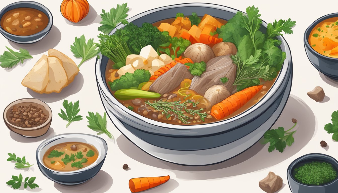 A steaming bowl of hearty broth filled with colorful vegetables and tender chunks of protein, surrounded by vibrant herbs and spices