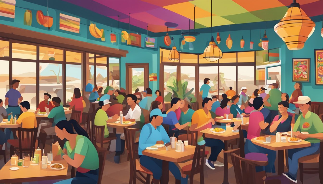 A bustling restaurant with colorful decor, filled with happy diners enjoying delicious Tex-Mex cuisine