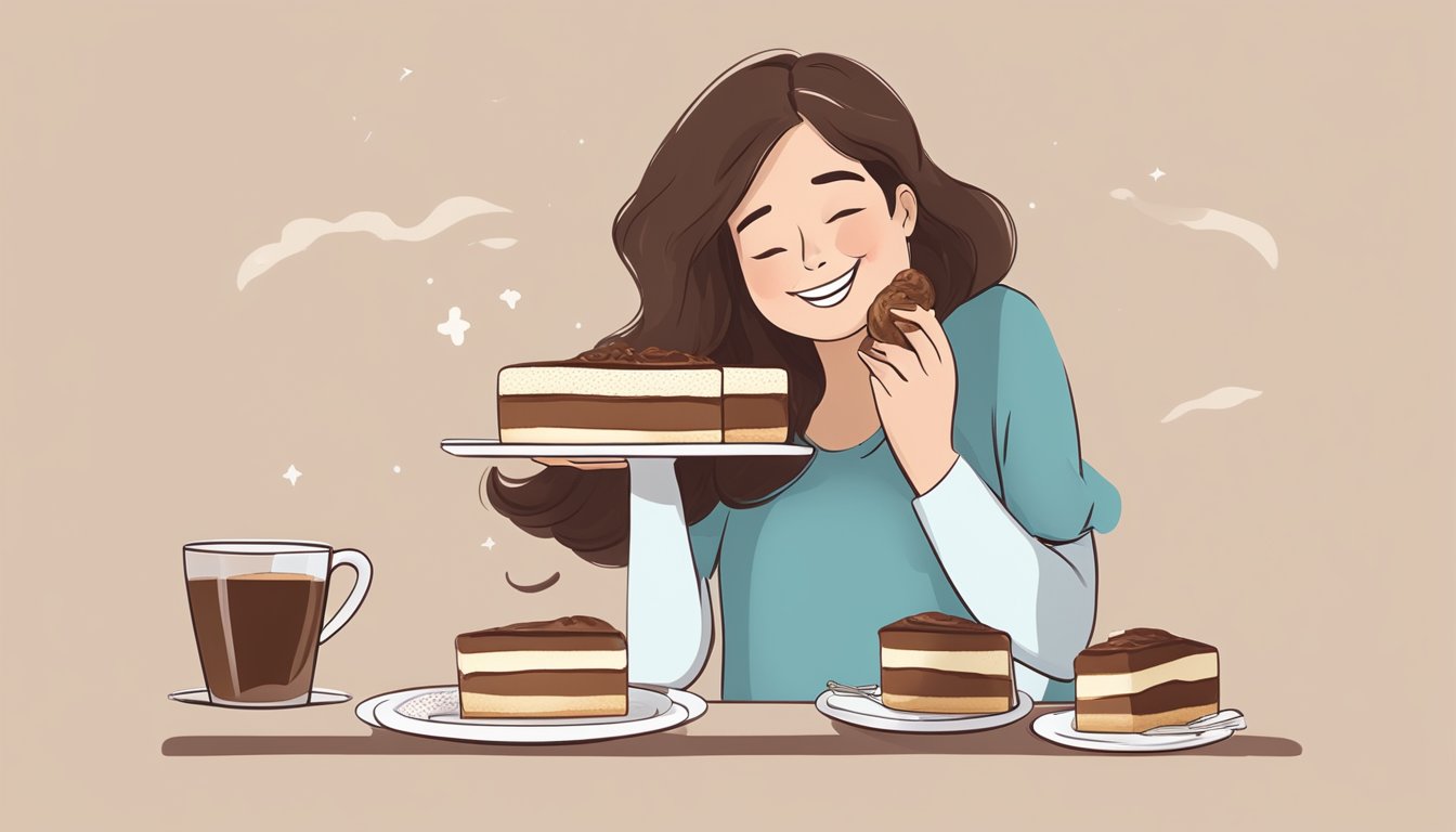 A pregnant woman happily enjoying a slice of tiramisu made with safe, pregnancy-friendly ingredients