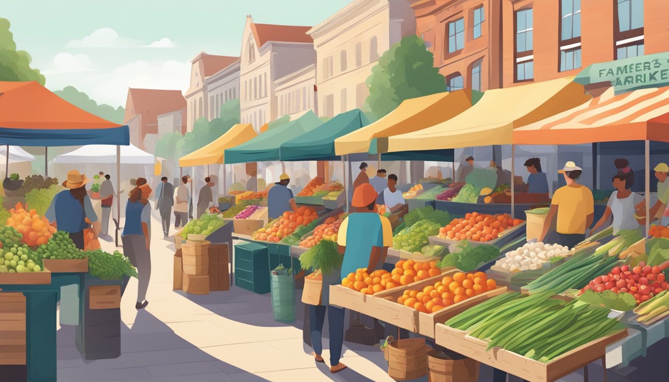 A bustling farmers' market with colorful stalls and a variety of locally-sourced produce and artisanal goods