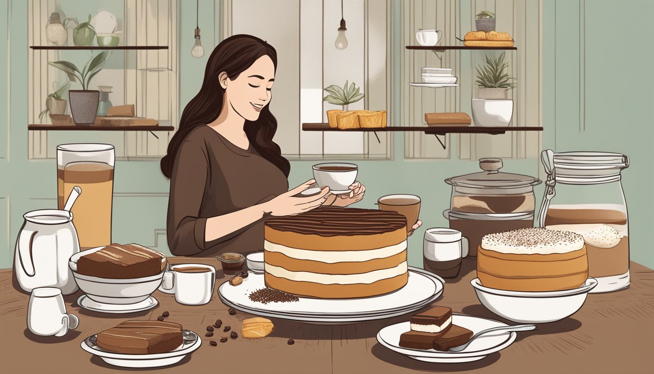 A pregnant woman enjoying a slice of tiramisu-inspired dessert, surrounded by ingredients like ladyfingers, coffee, and cocoa powder