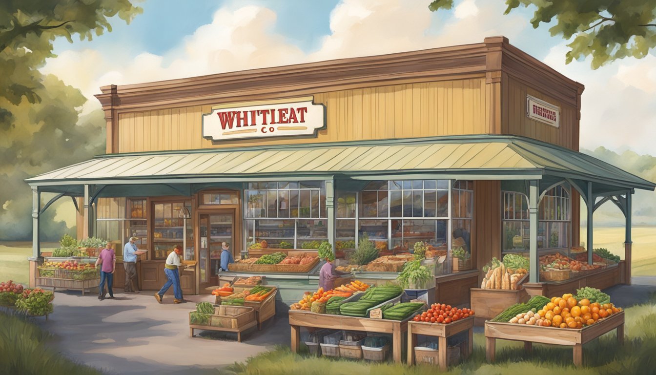 The bustling Whittingham Meat Co. storefront with fresh produce and local goods, surrounded by vibrant farm fields in Fredericksburg