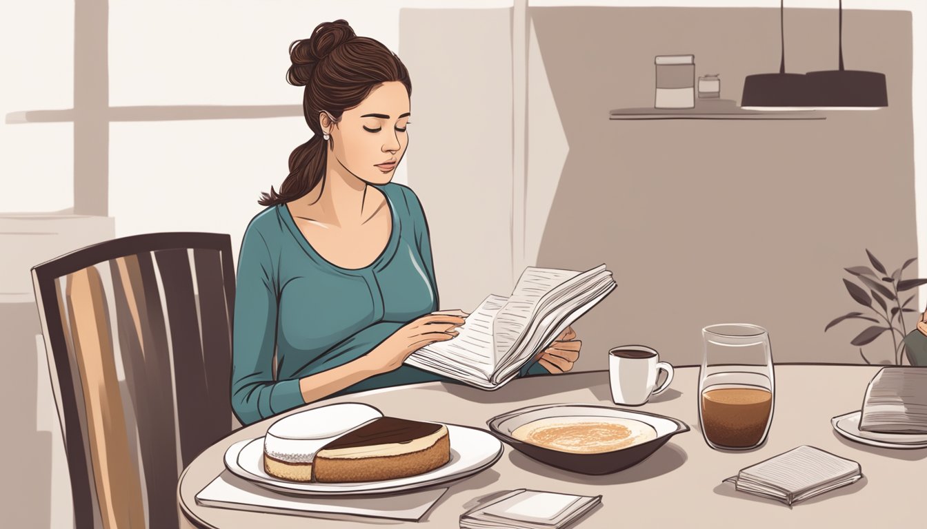 A pregnant woman sitting at a table with a slice of tiramisu in front of her, looking uncertain while reading a pregnancy book