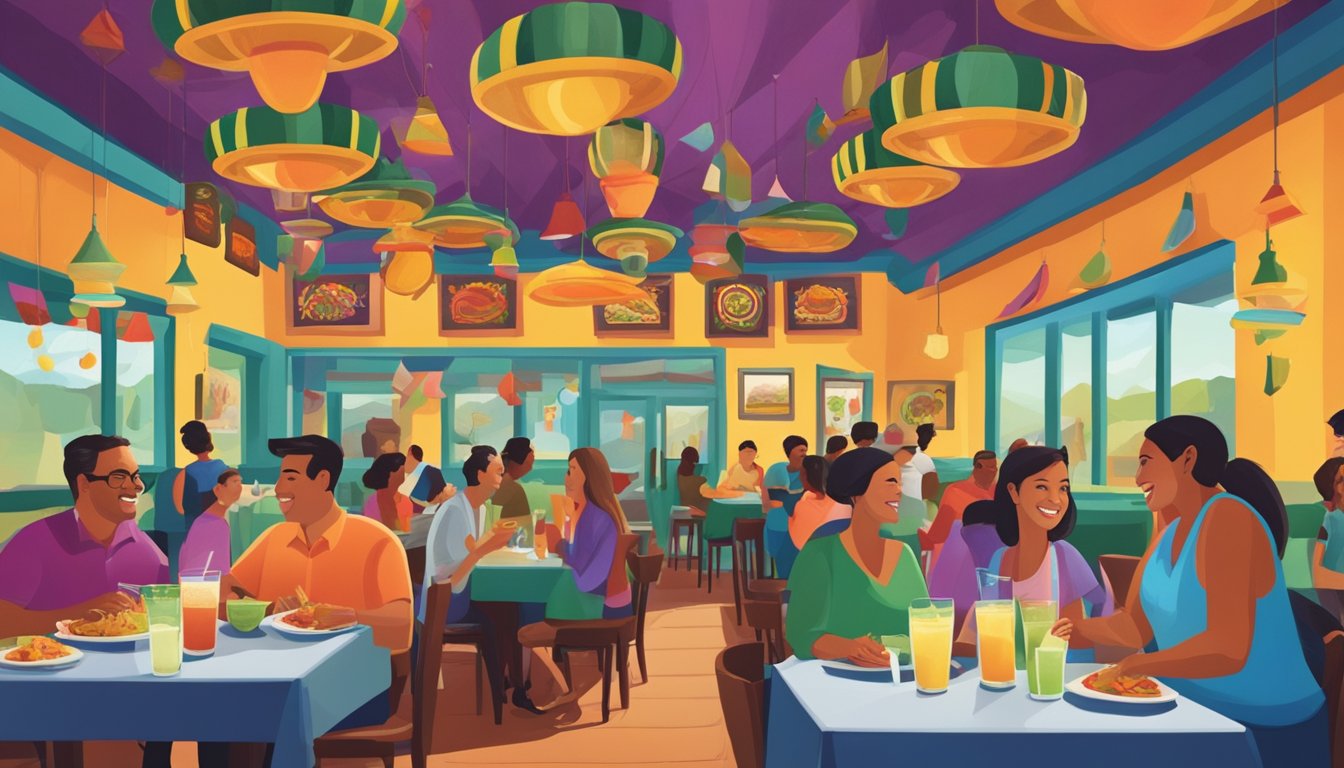 A bustling Tex Mex restaurant with colorful decor, sizzling fajitas, and margaritas served in vibrant glasses. Tables are filled with happy diners enjoying the lively atmosphere