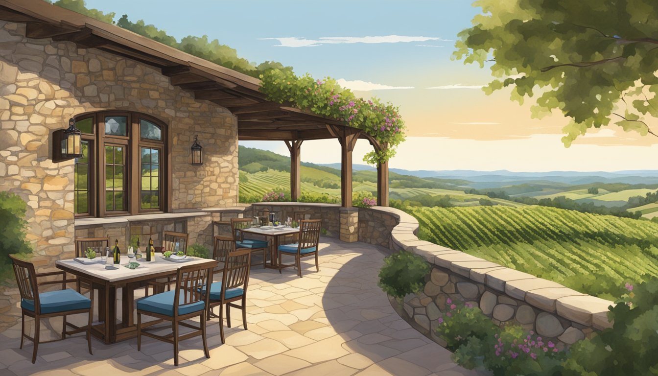 Rolling vineyard hills overlook a rustic winery and outdoor dining area nestled in the hill country