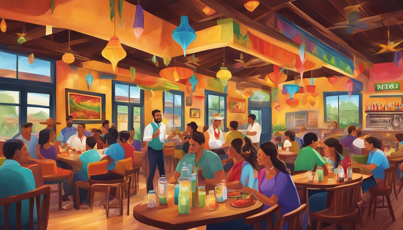 A colorful Tex Mex restaurant with vibrant decor, serving sizzling fajitas and icy margaritas to a lively crowd in Fort Worth