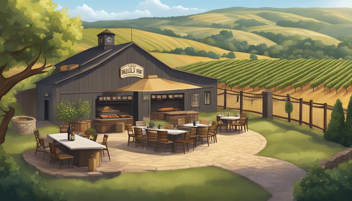 A rustic hill country winery with a BBQ pit and outdoor seating surrounded by rolling hills and vineyards